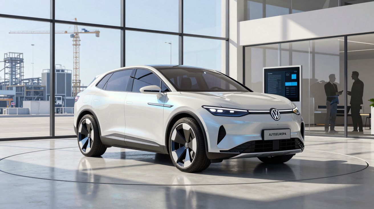 Carro elétrico branco Volkswagen ID.5 exposto em salão moderno com janelas amplas e pessoas ao fundo.