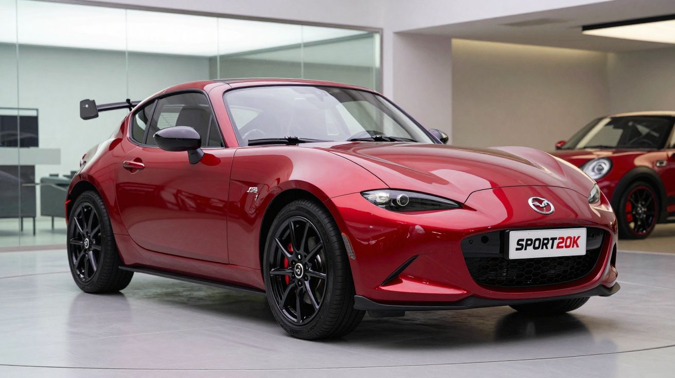 Carro desportivo Mazda MX-5 vermelho brilhante estacionado num espaço interior moderno.
