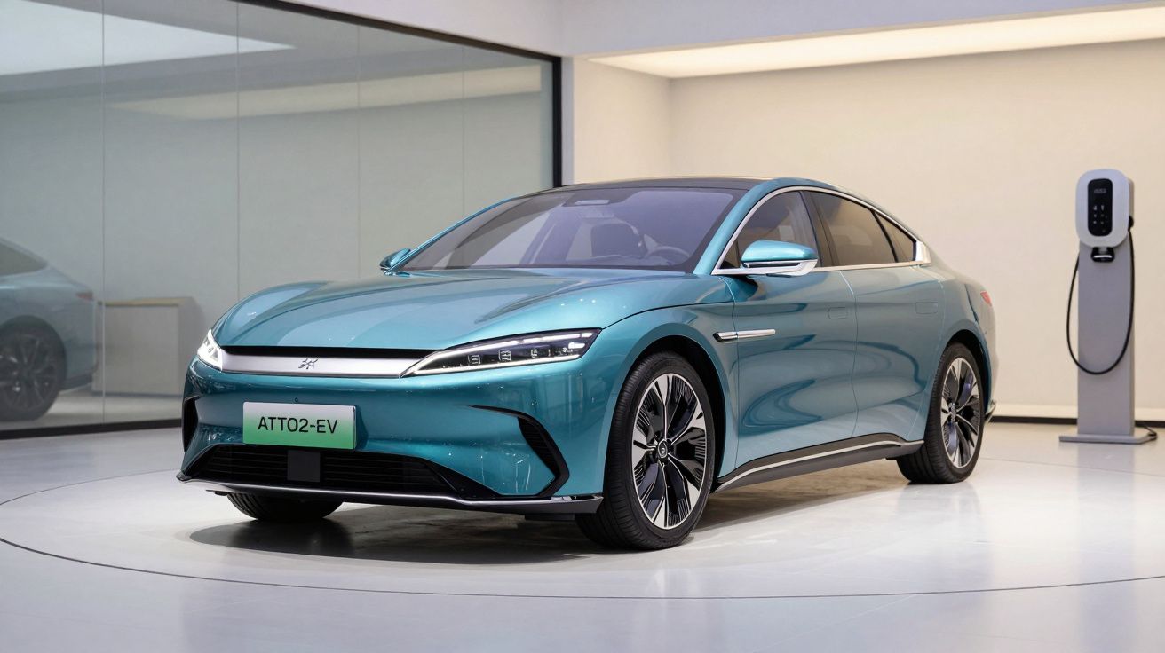 Carro elétrico azul-esverdeado ATTO2- EV em exposição, com estação de carregamento ao lado.