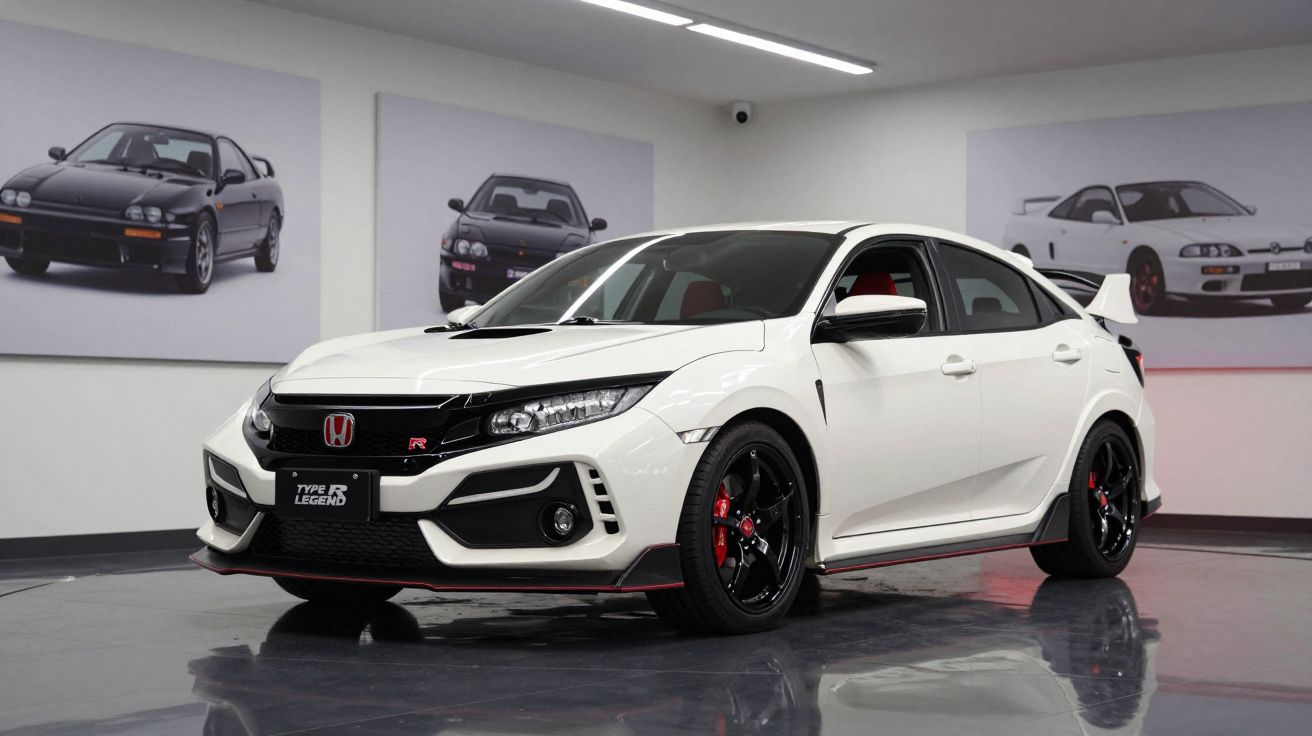 Honda Civic Type R branco estacionado num espaço interior com fotografias de carros desportivos nas paredes.