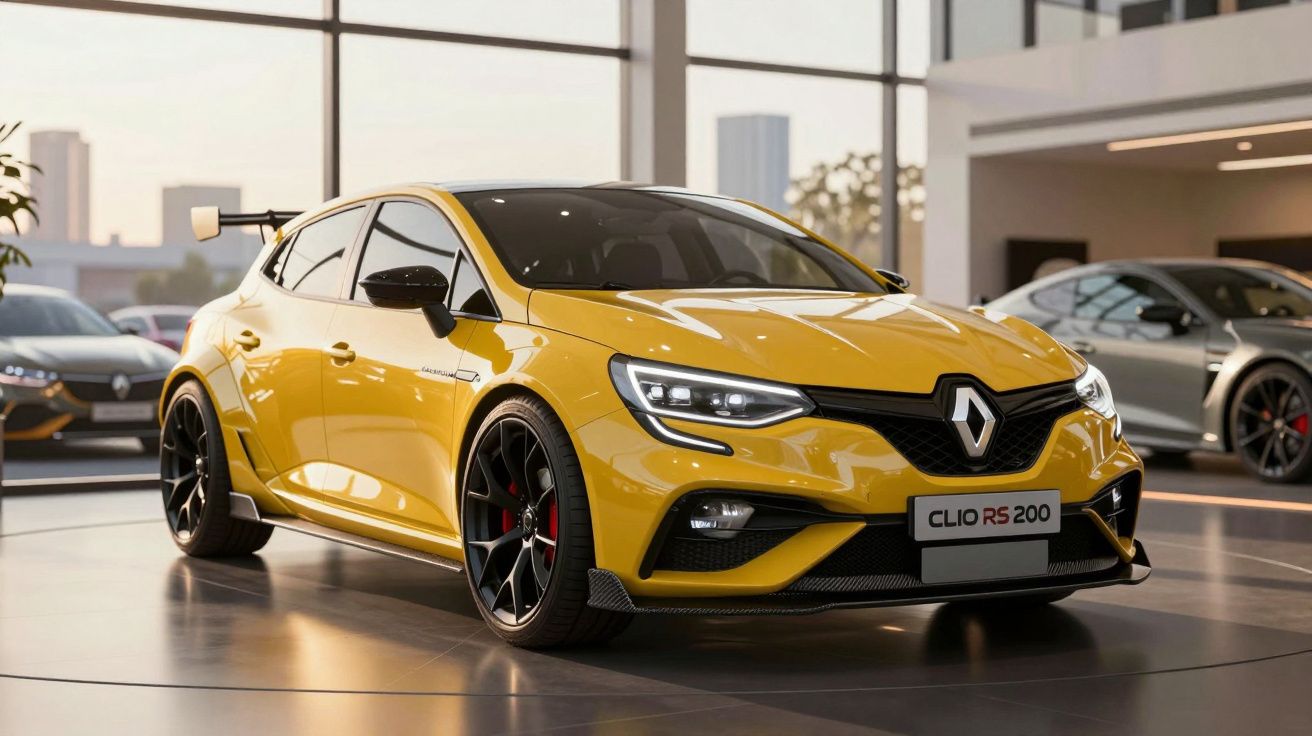 Pequeno carro desportivo Renault Clio RS 200 amarelo em exposição numa sala moderna com janelas grandes.