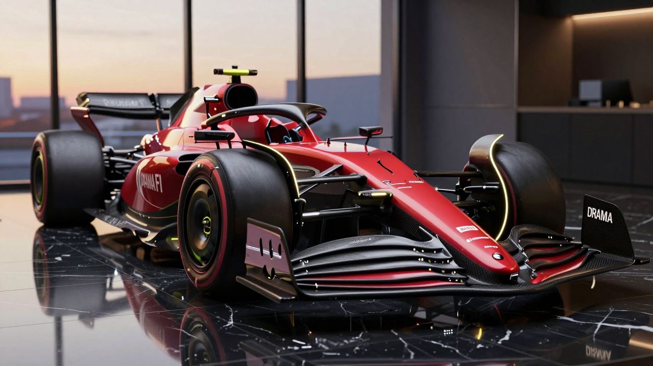 Carro de Fórmula 1 vermelho com detalhes pretos e amarelos numa garagem moderna com chão brilhante.