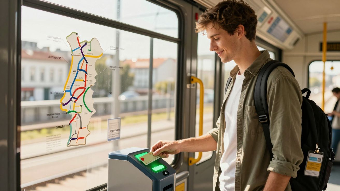 Jovem com mochila valida passe num leitor dentro de um comboio com mapa no vidro.
