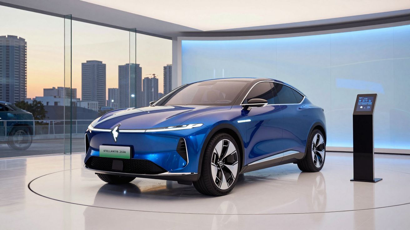 Automóvel elétrico azul exposto em sala moderna com paredes de vidro e painel informativo.