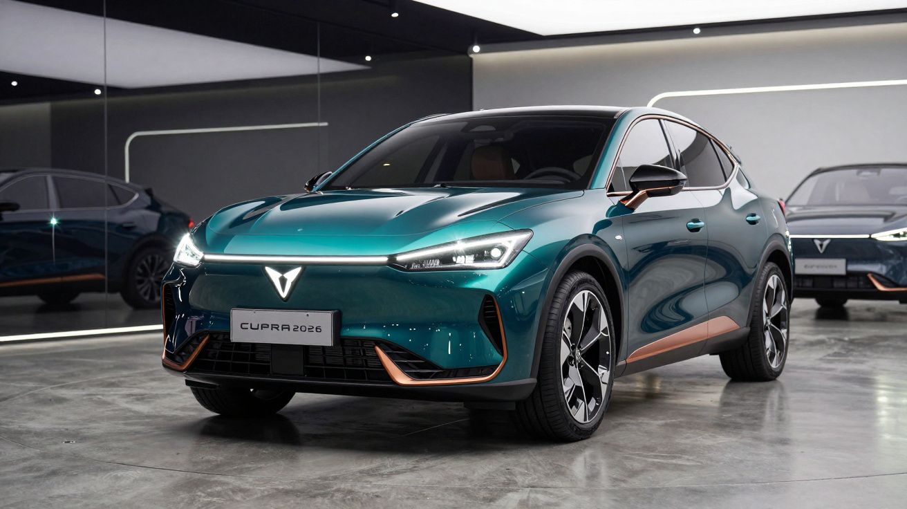Automóvel Cupra 2026 verde com detalhes em cobre numa exposição moderna com chão em cimento polido.