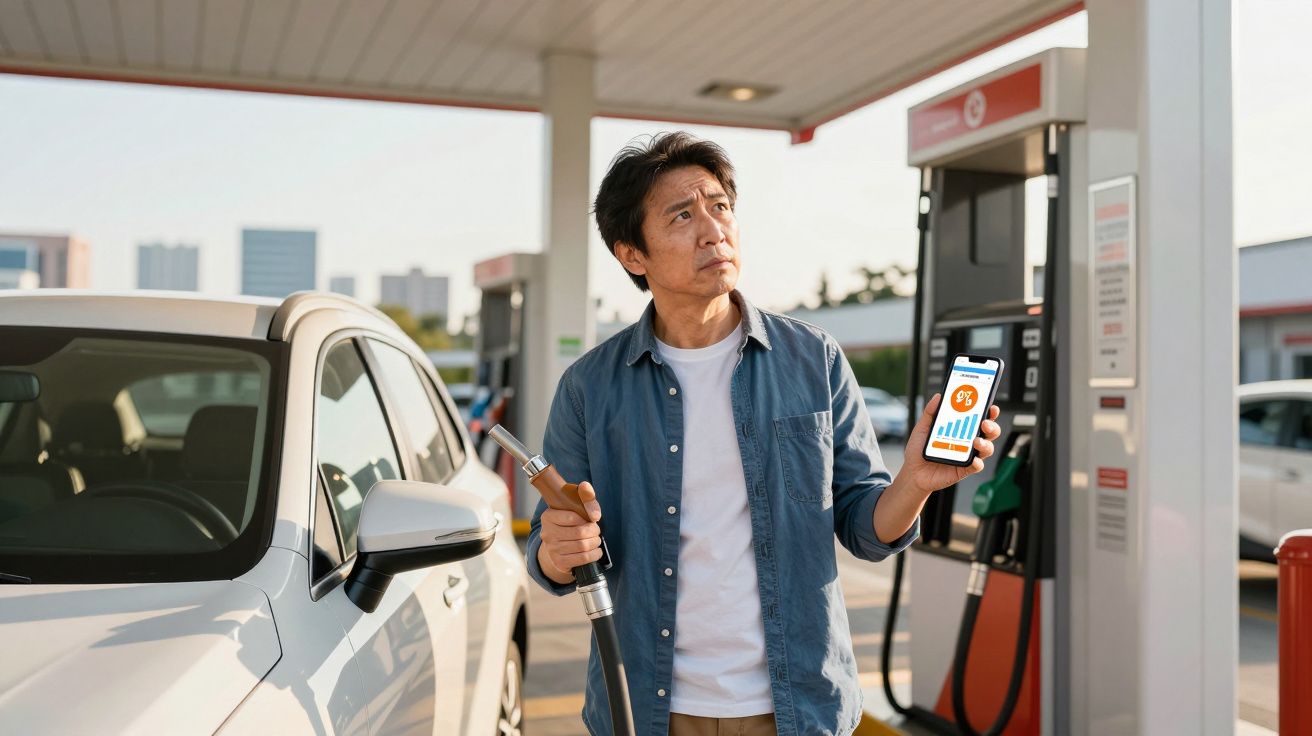 Homem numa bomba de gasolina com matrícula a apontar o bico e a mostrar gráfico no telemóvel.