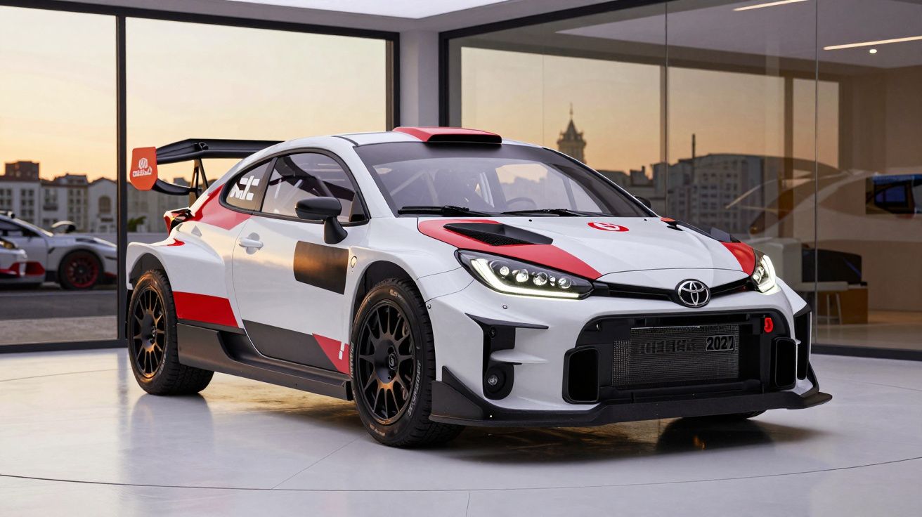 Carro de corridas Toyota GR Yaris Rally1 branco com detalhes vermelhos, em exposição numa sala moderna.