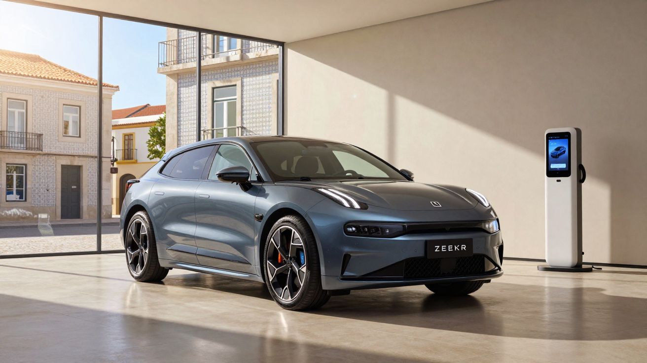 Carro elétrico Zeekr cinza estacionado num espaço interior com estação de carregamento ao lado.