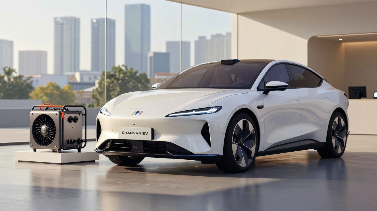 Carro elétrico branco Changan EV estacionado numa sala moderna com cidade vista ao fundo.