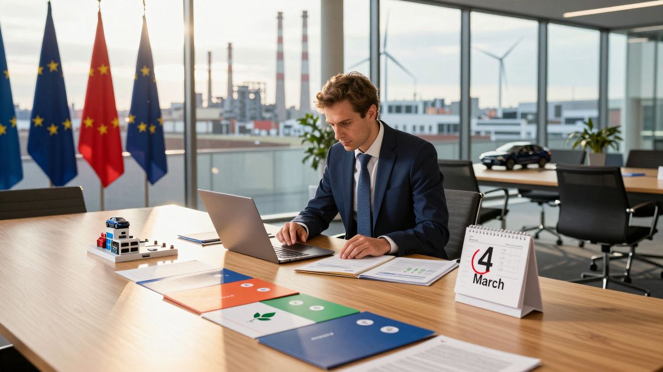 Homem de fato azul a trabalhar num portátil numa sala de reuniões com vista para indústria e turbinas eólicas.