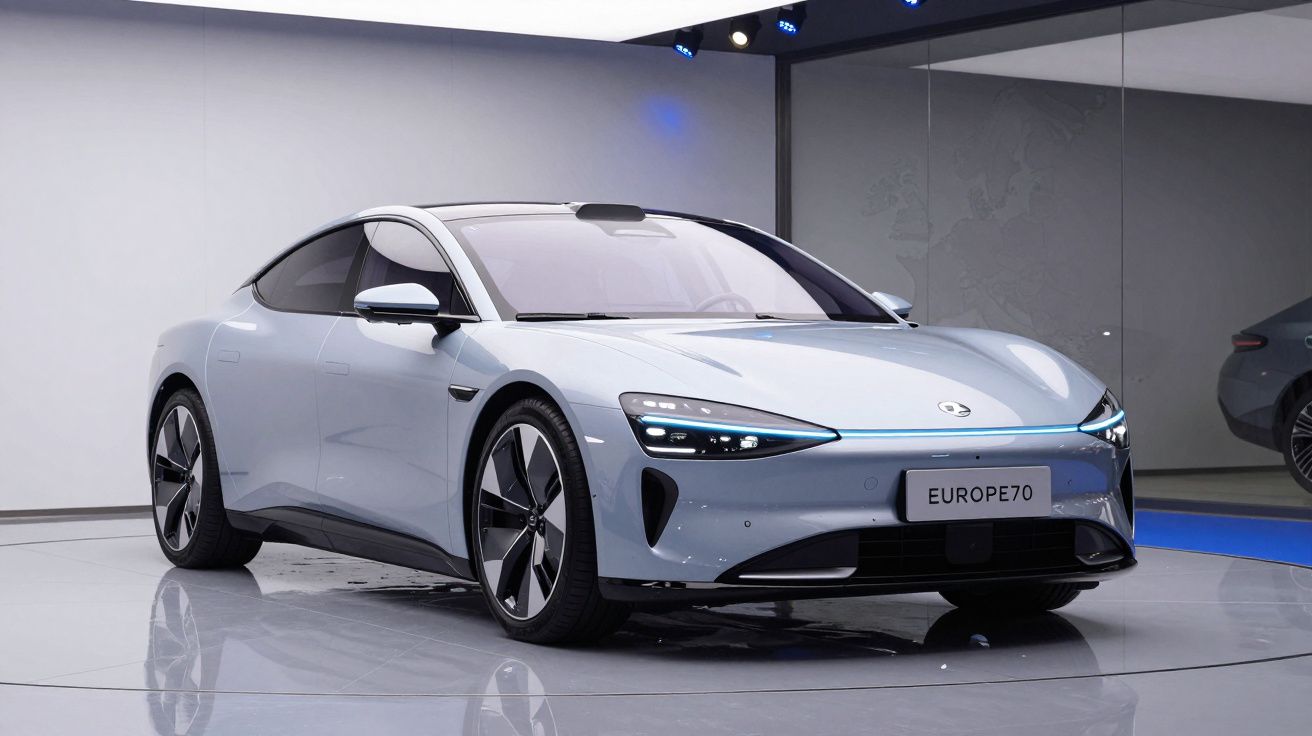 Automóvel elétrico prateado com design aerodinâmico exposto em showroom moderno.