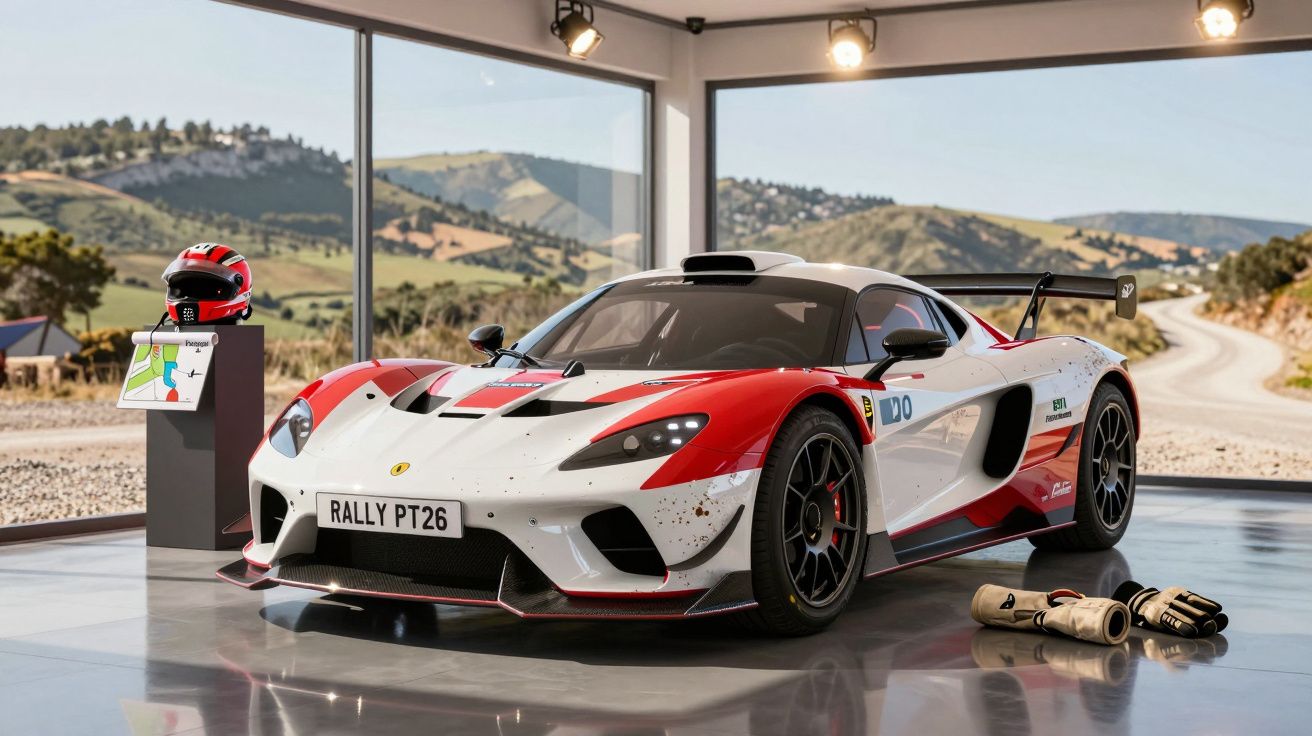 Carro de rali branco e vermelho com capacete e luvas numa garagem com vista para montanhas.