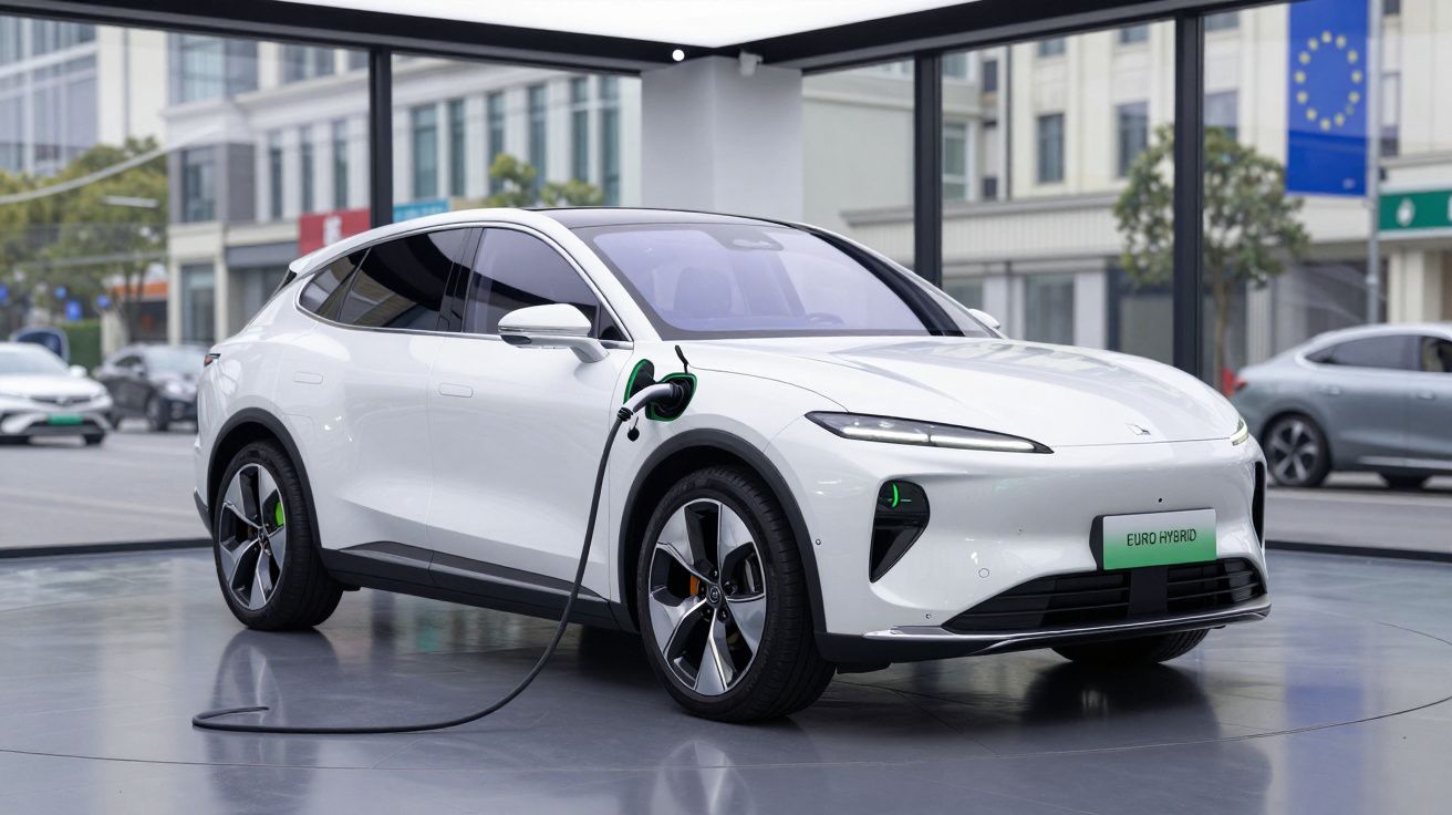 Carro elétrico branco a carregar numa estação de carregamento numa cidade moderna.