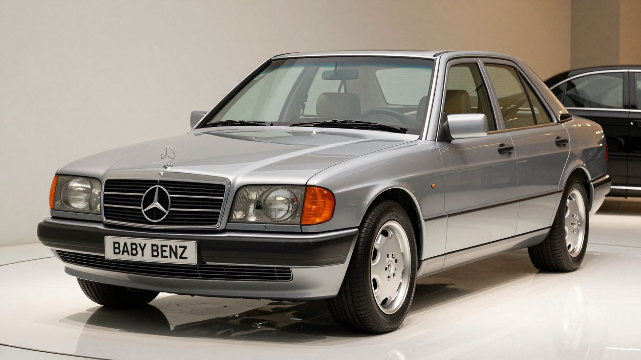 Carro Mercedes-Benz clássico cinza, modelo sedan com matrícula personalizada "BABY BENZ" em exposição interior.