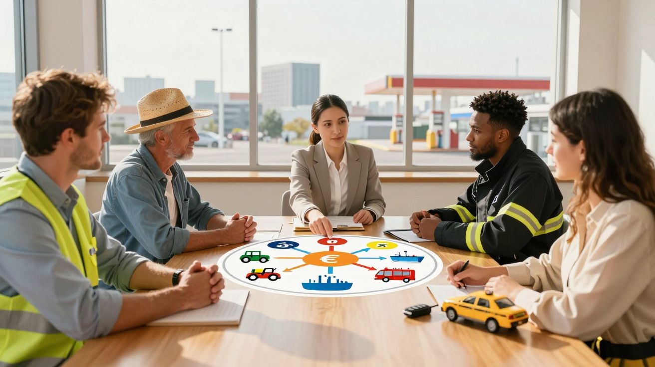 Grupo diversificado em reunião de trabalho discutindo modelos de transporte numa sala com janelas grandes.