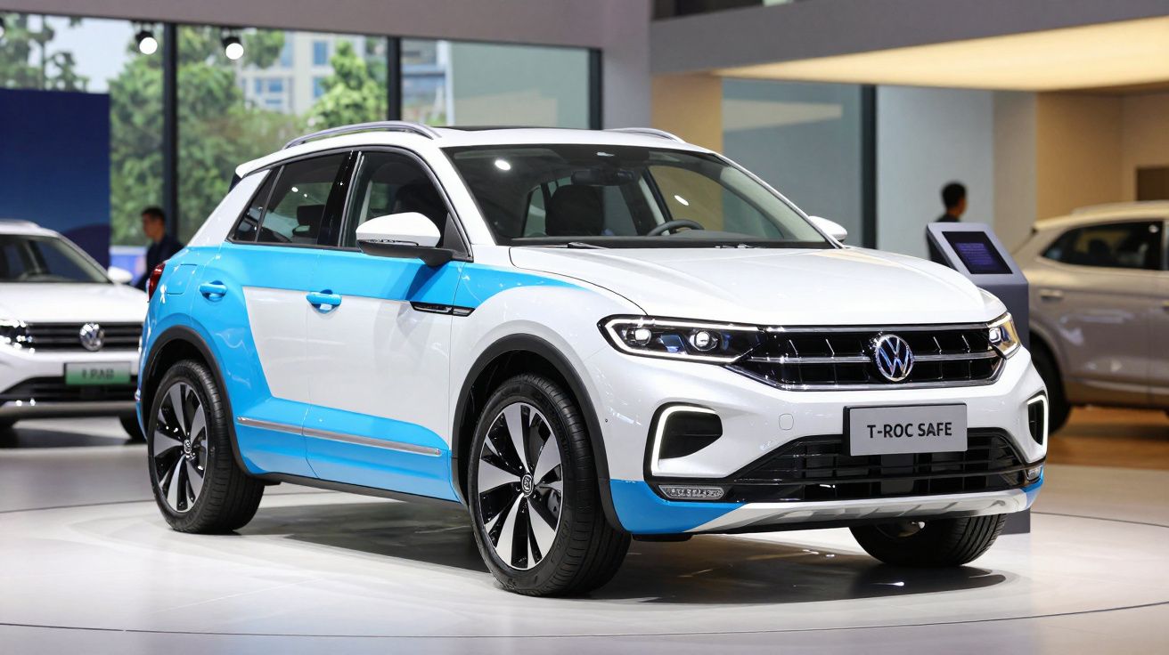 Automóvel Volkswagen T-Roc Safe branco e azul exposto em salão de automóveis.