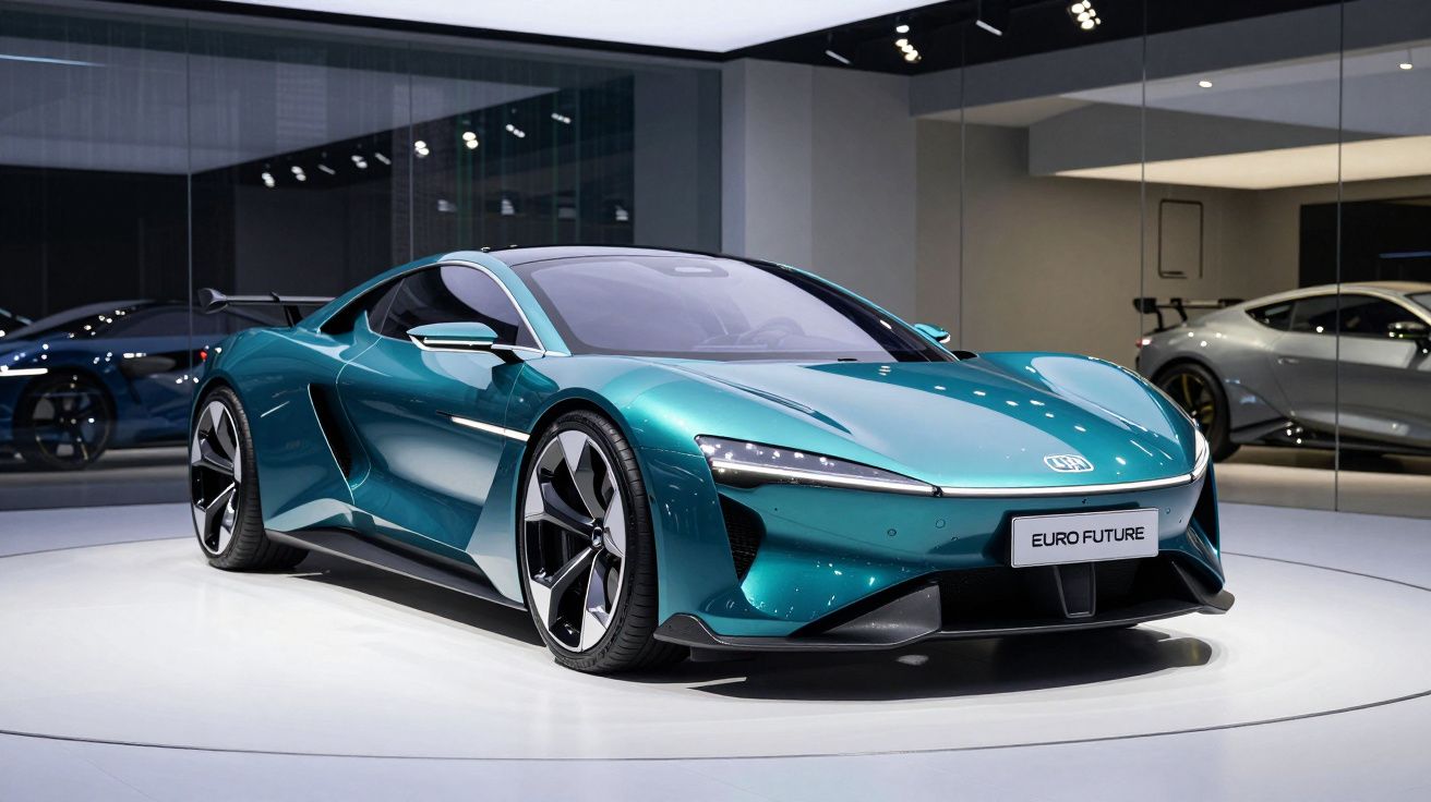 Automóvel desportivo elétrico de cor azul turquesa exibido em salão automóvel moderno e iluminado.