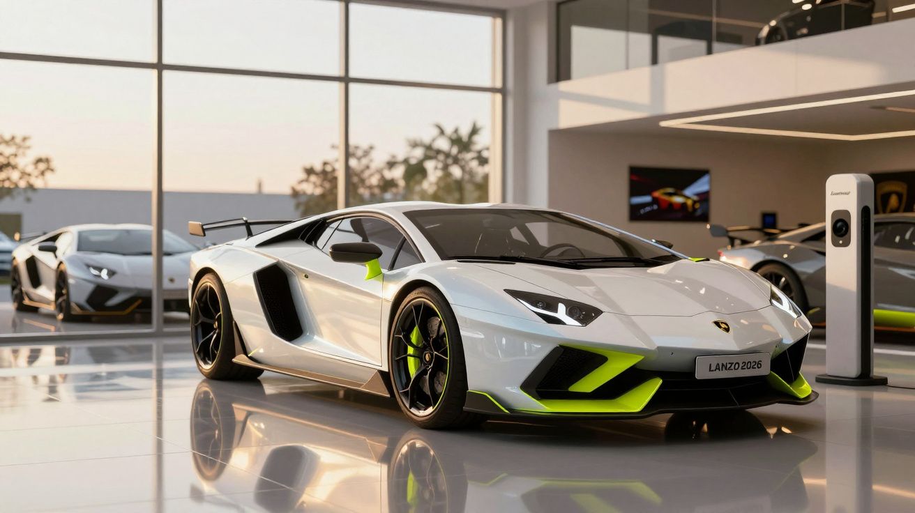Carro desportivo Lamborghini branco com detalhes verde neon numa sala de exposição moderna.