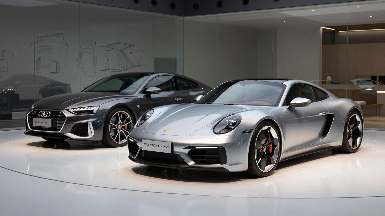 Dois carros desportivos, Audi cinzento escuro e Porsche prateado, expostos numa sala moderna e iluminada.