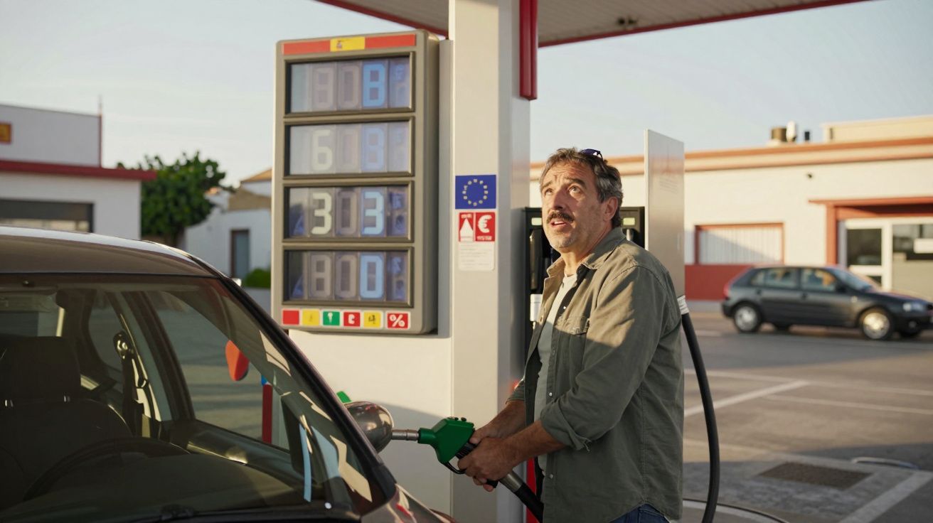 Homem a abastecer o carro numa bomba de gasolina numa estação de serviço ao pôr do sol.