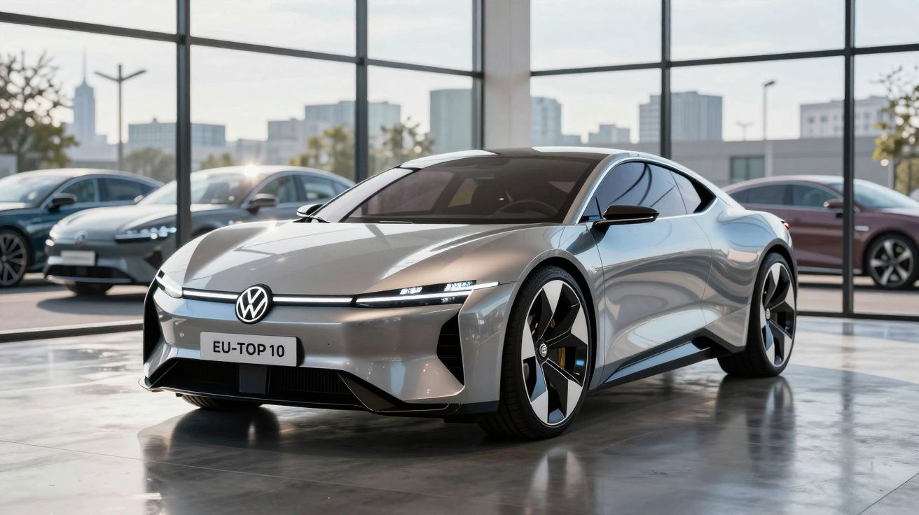 Carro elétrico Volkswagen cinzento, moderno e aerodinâmico, exposto em showroom com janelas grandes.