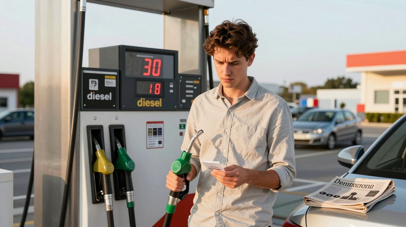 Homem na bomba de combustível a segurar a pistola de gasolina e olhar para um papel, ao lado de um carro estacionado.