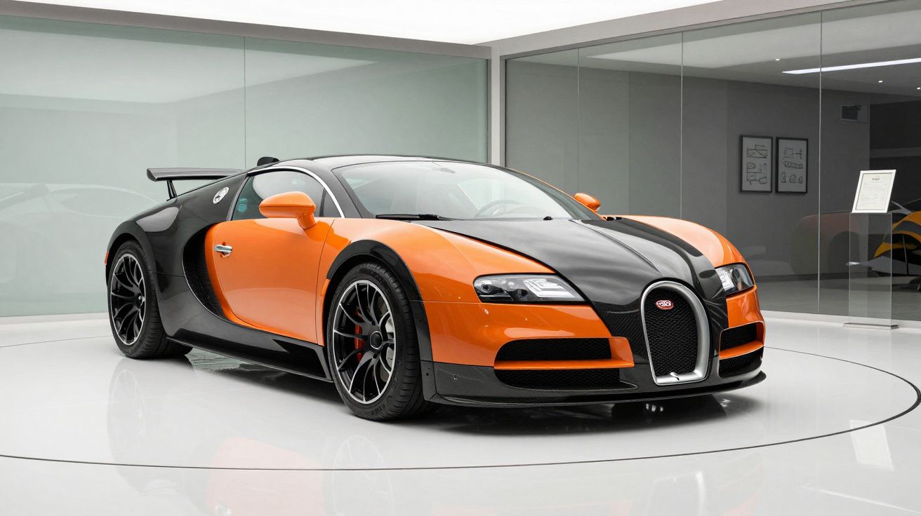 Bugatti Veyron laranja e preto, carro desportivo de luxo numa exposição com piso branco e paredes de vidro.
