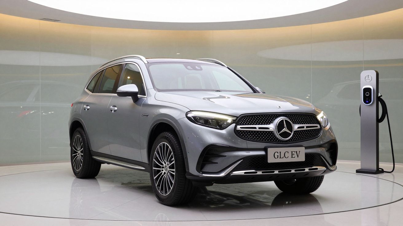 Carro elétrico Mercedes-Benz GLC EV cinzento estacionado junto a posto de carregamento moderno numa sala iluminada.