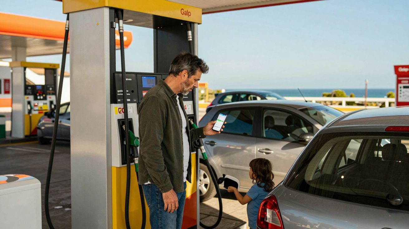 Homem e criança na bomba de combustível a usar telemóvel na estação de serviço Galp junto ao mar.
