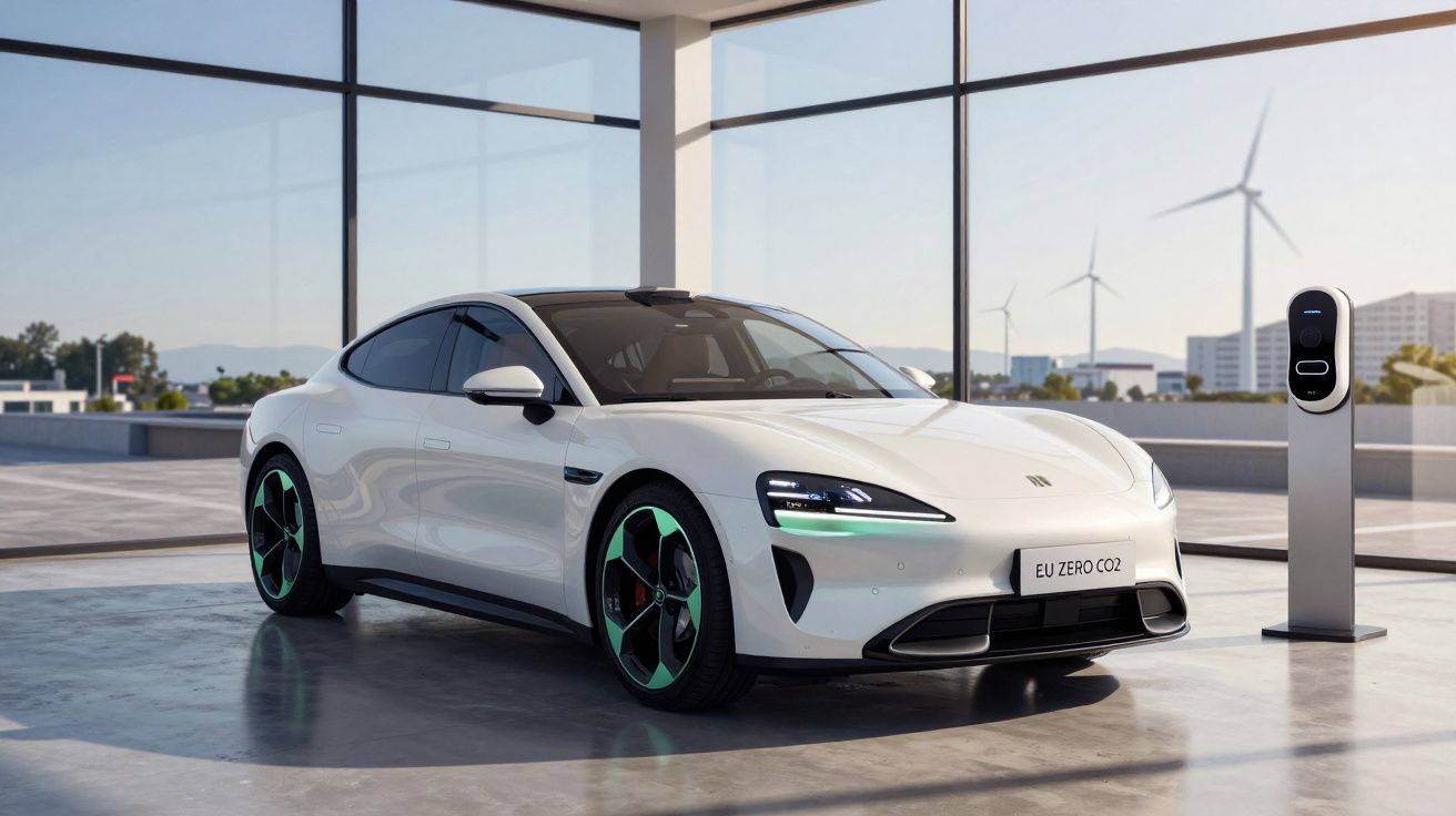 Carro elétrico branco estacionado em espaço moderno com caricador e turbinas eólicas ao fundo.