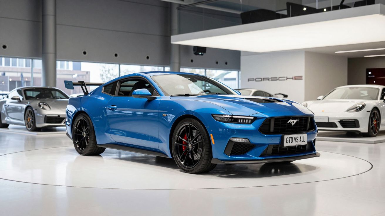 Carro desportivo azul com spoiler traseiro numa exposição de automóveis de luxo, com marcas Porsche ao fundo.