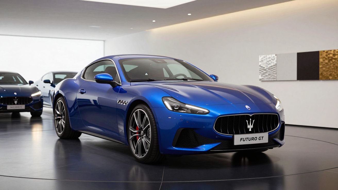 Carro desportivo azul Maserati Futuro GT exposto em salão moderno e minimalista.