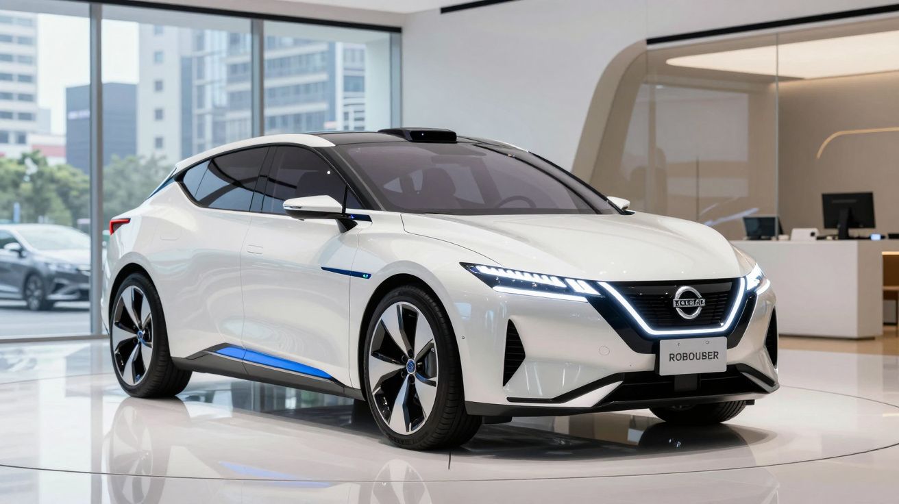 Carro elétrico branco moderno exposto em showroom com design futurista e luzes LED acesas.