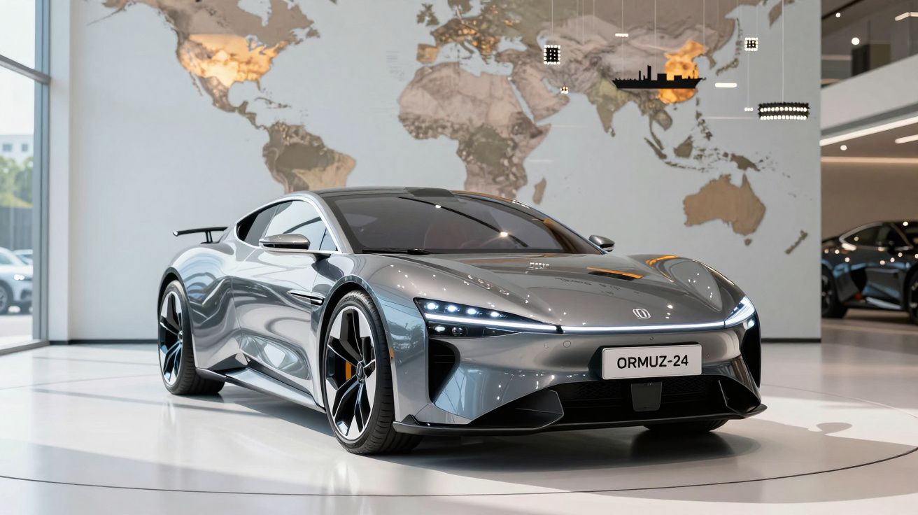 Carro desportivo cinzento metalizado exposto em ambiente moderno com mapa-mundo ao fundo.