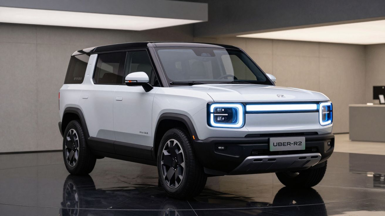 Carro elétrico SUV branco com faróis de LED em forma quadrada numa sala moderna e minimalista.