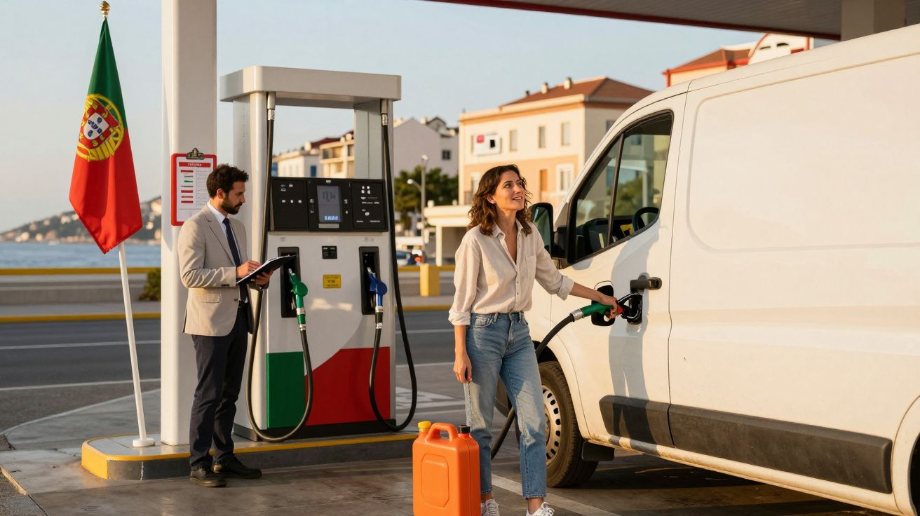 Mulher a abastecer carrinha branca numa bomba de combustível, com homem de fato a consultar documento ao lado.