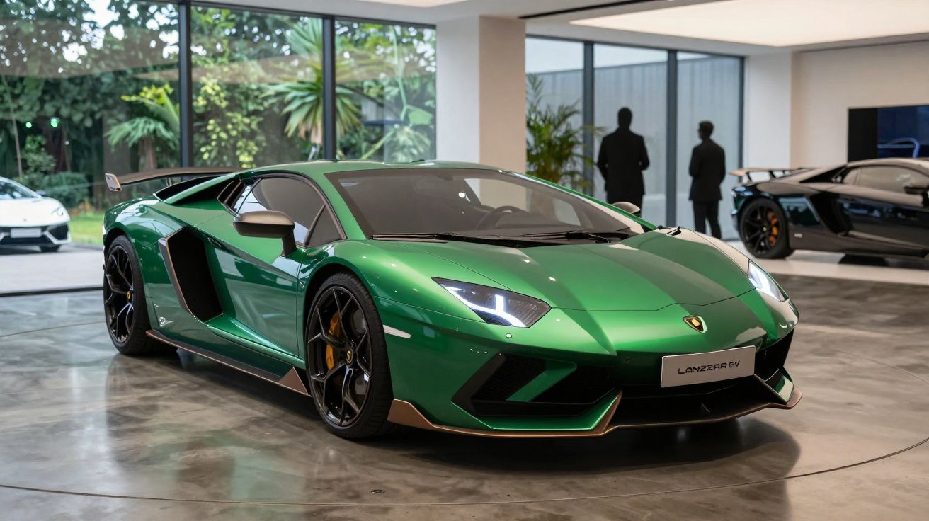 Lamborghini verde brilhante exposto numa sala moderna com janelas amplas e outros carros desportivos ao fundo.