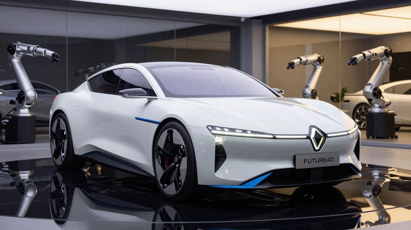 Carro elétrico futurista branco Renault Future 40 em exposição, com braços robóticos ao fundo.