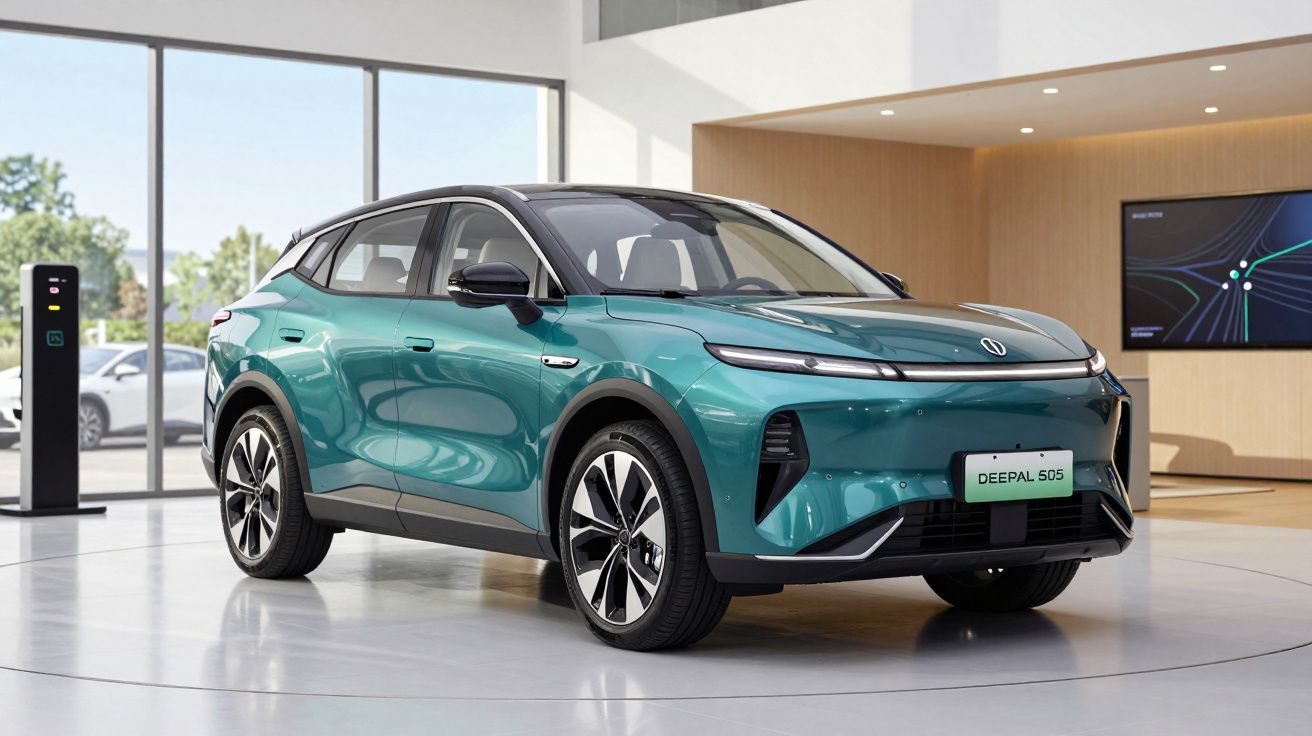 Veículo elétrico moderno DEEPAL 505 verde em exibição dentro de showroom bem iluminado.