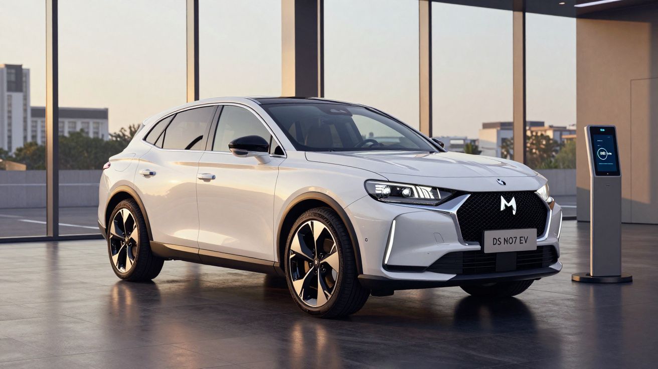 Carro branco elétrico DS N07 EV estacionado num espaço moderno com coluna de carregamento.