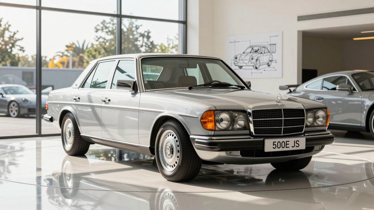 Carro Mercedes-Benz clássico prata exposto em salão com janelas grandes e outro carro ao fundo.