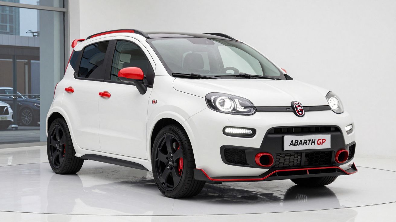 Automóvel Abarth GP branco com detalhes vermelhos e jantes pretas em estúdio minimalista.