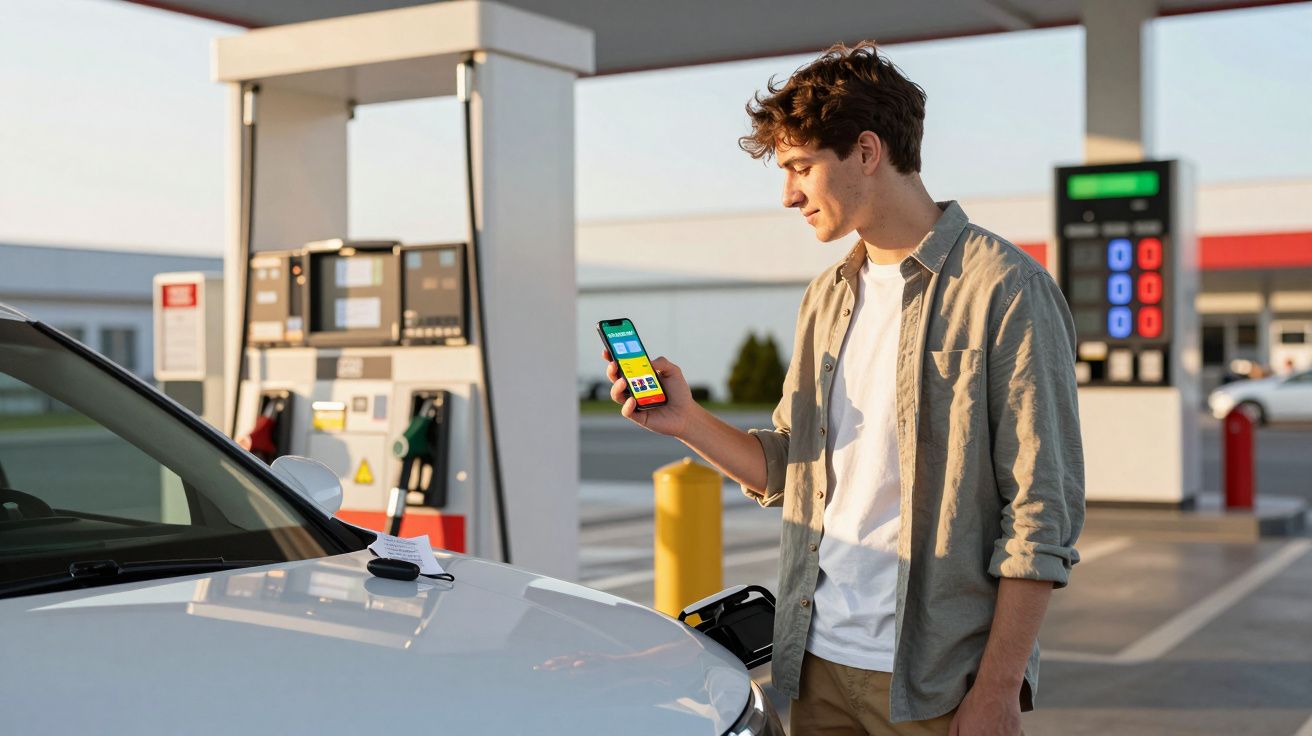 Homem jovem a usar smartphone para pagar combustível num posto de gasolina durante o dia.