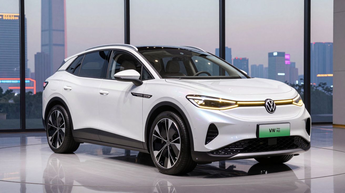 Carro elétrico Volkswagen ID.5 branco estacionado em showroom moderno com janelas grandes e vista urbana.