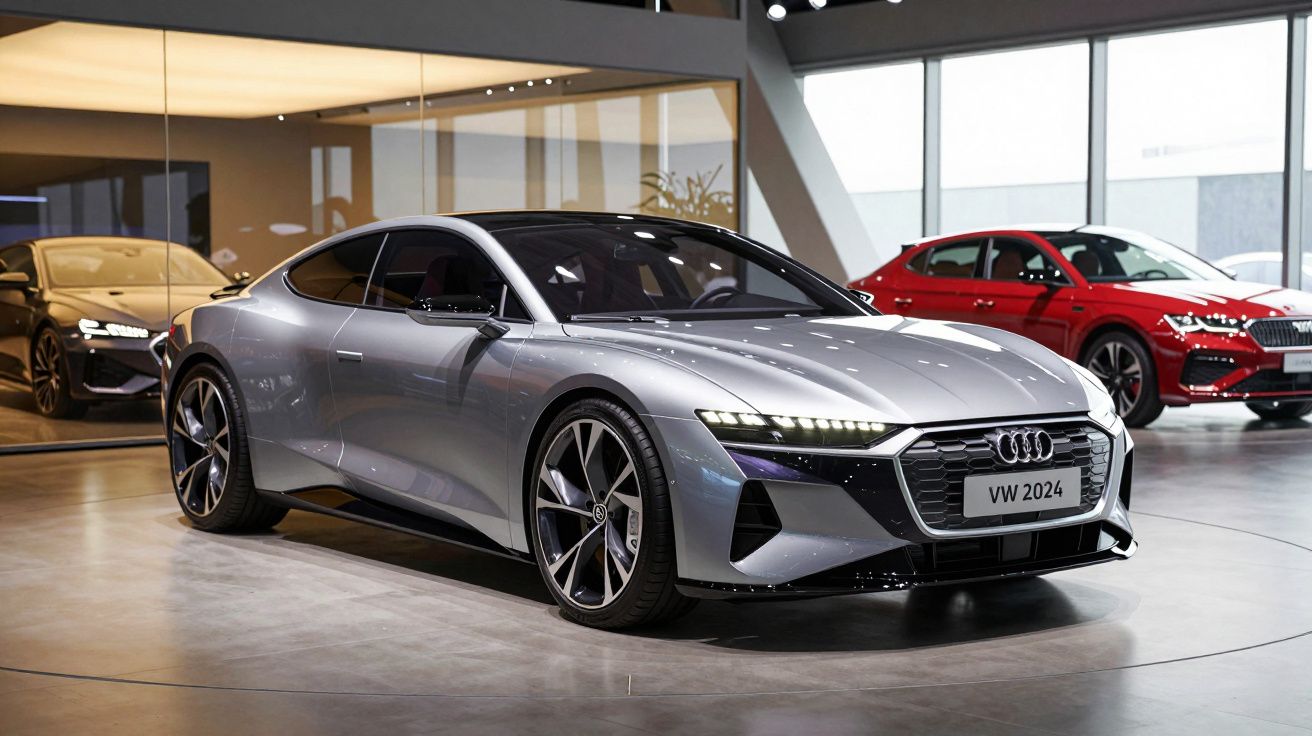 Carro elétrico Audi cinzento em exposição num salão automóvel moderno com outros veículos ao fundo.