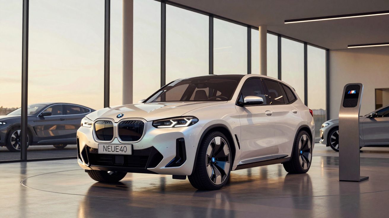SUV BMW branco estacionado em showroom moderno com grandes janelas e carro cinzento ao fundo.