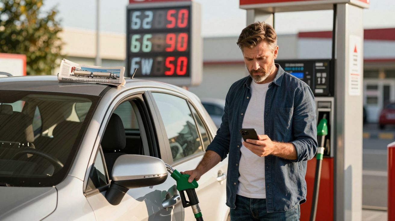 Homem a abastecer carro numa bomba de gasolina enquanto consulta o telemóvel numa estação de serviço.