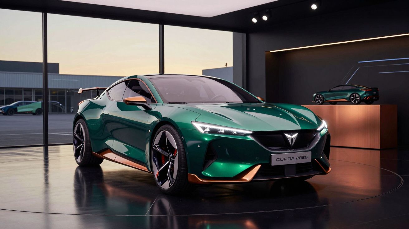 Carro desportivo elétrico verde e cobre, modelo Cupra 2026, exposto num showroom moderno com luz natural.