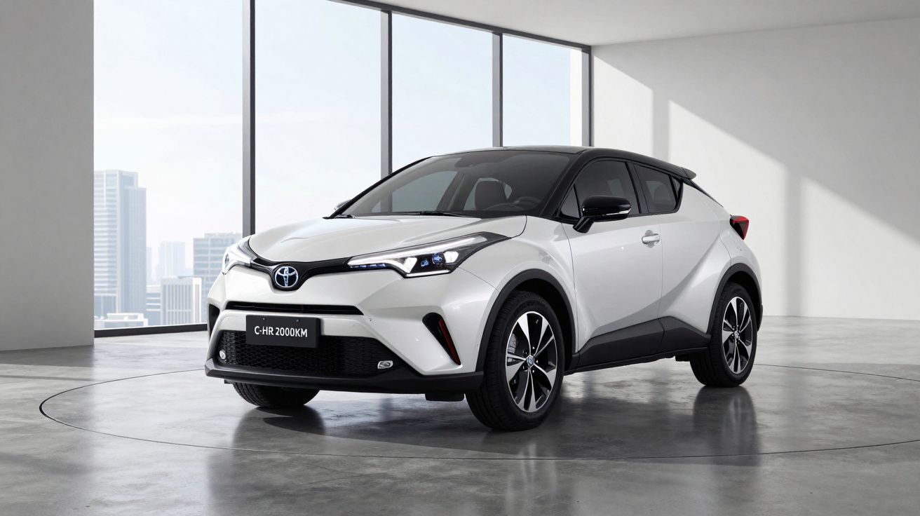 Carro Toyota C-HR branco e preto estacionado num espaço interior moderno com janelas grandes.