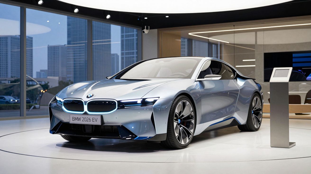 Carro elétrico BMW 2026 EV prateado em exposição numa sala moderna com janelas grandes e edifícios ao fundo.